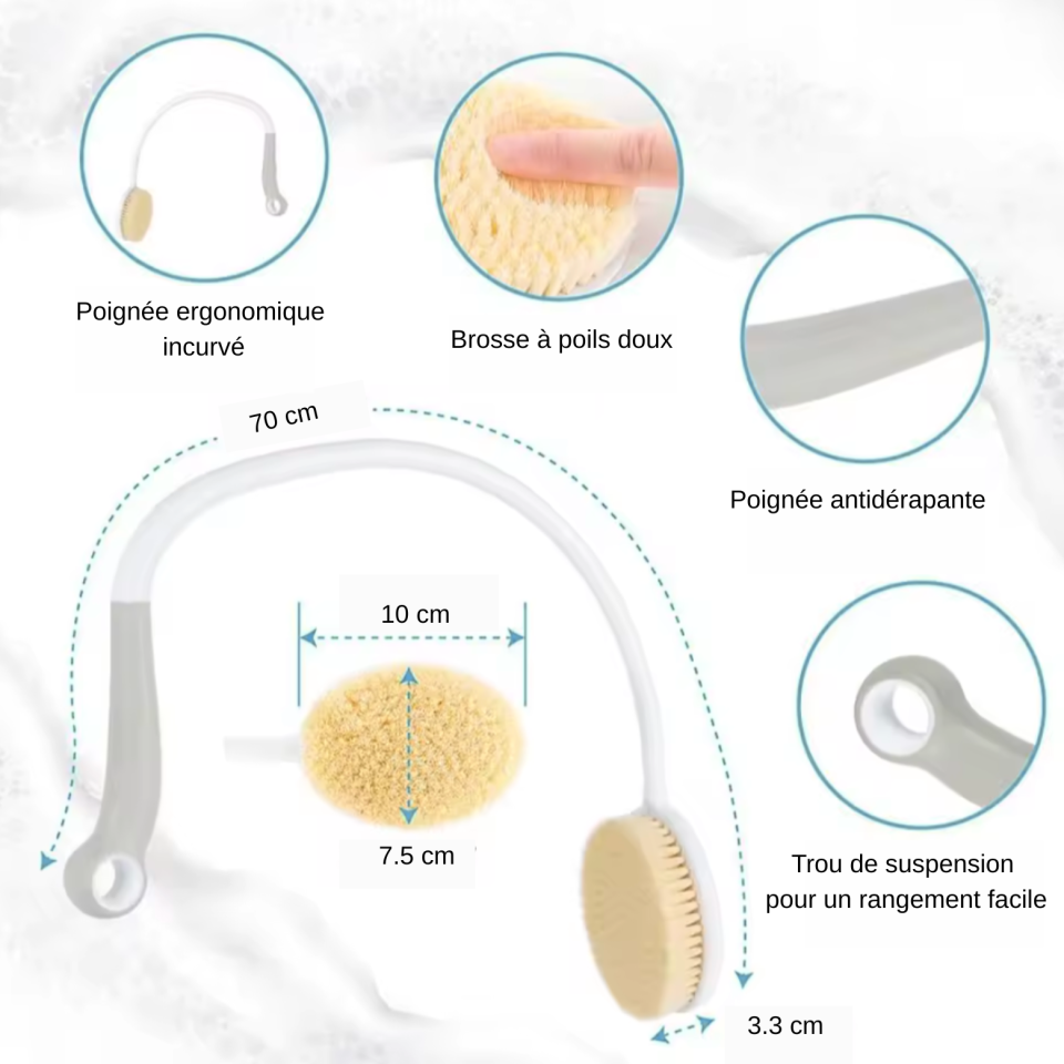 Brosse pour le dos avec long manche - Brosse de douche ergonomique avec poils souples